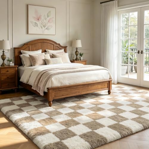 Checkered Area Rugs for Living Room 8x10, Fluffy Beige and White Checkered Rug - Image 3