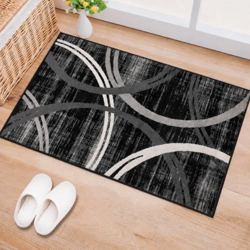 Rugshop Wavy Circles Modern Jute Backing Accent Area Rug Black 2' x 3' by Rugshop
