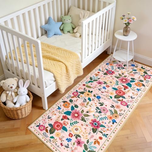 Floral Washable 2x5 Area Rugs Runner Entryway Hallway Pink - Image 2