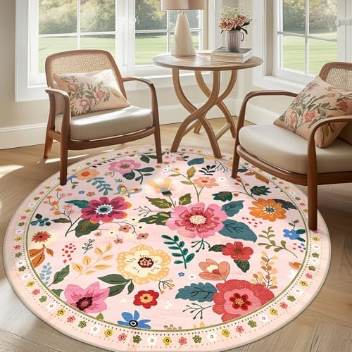 RELEANY Floral Washable Round 6ft Area Rug Pink - Image 2