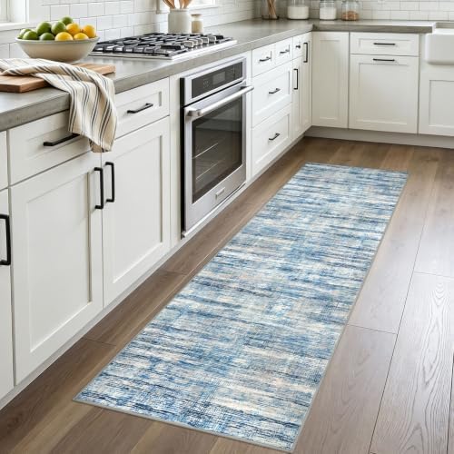 KOZYFLY Modern Washable Rug Runner 2x7 Hallway Runner Rug Blue Beige - Image 2
