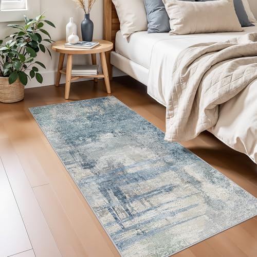 Modern Abstract Runner Rug 2x5: Washable Non Slip Hallway Runner Blue - Image 4