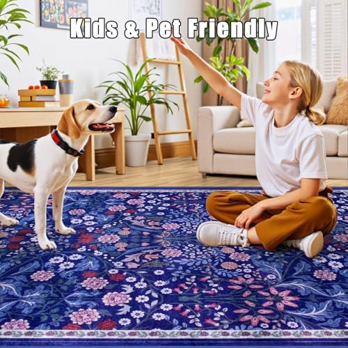 PLHXFR Area Rug 10x14 Living Room: Floral Washable Boho Soft Carpet Blue - Image 7