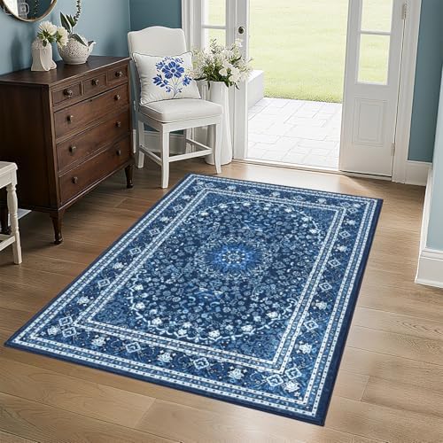 Lessymo 3 x 5 Area Rugs for Living Room, Washable Boho Carpets Blue White by Lessymo