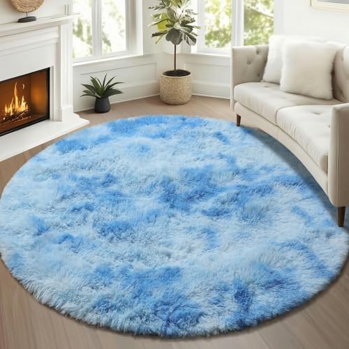 Tie-Dye Blue Fluffy Round Rug Circle Area Rugs 4ft - Image 4