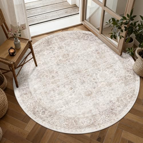 Round Rug 4ft Neutral Beige Washable Circle Rug - Image 3