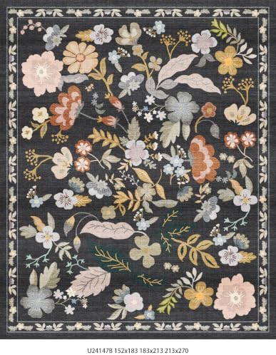 6x7 Area Rug for Living Room: Washable Floral Non Slip Bedroom Rugs Black by BYYVOORugsforYourHome