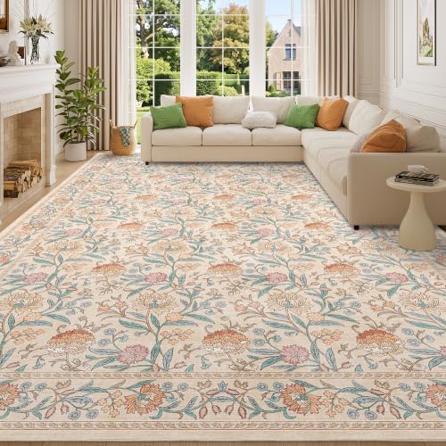 DUKINO 10x14 Area Rugs for Living Room, Washable Vintage Floral Rug by DUKINO
