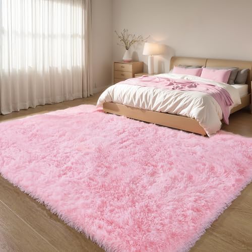5x8 Pink Fluffy Shag Rug for Girls Bedroom, Plush Washable Carpet by KICHOWUA