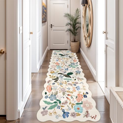 2x10 Washable Hallway Runner Rug: Long Floral Scalloped Soft Runners by HYHAOYUNLAI