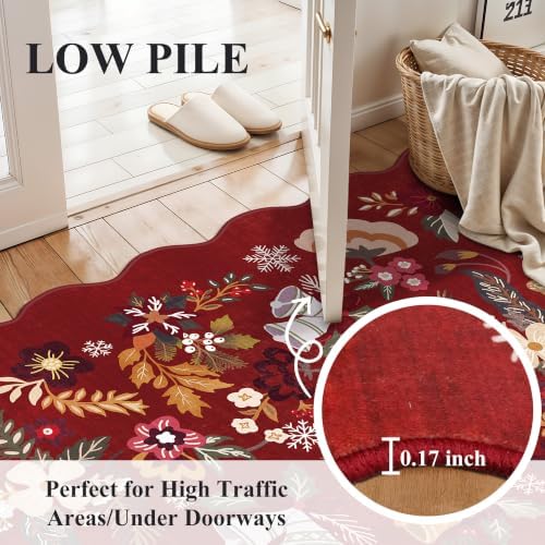 Christmas Red 3x5 Entryway Rug: Scalloped Floral Washable Holiday Door Mat - Image 3