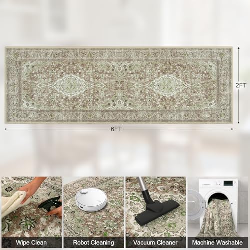 Green Washable Vintage Runner Rug, 2x6 Boho Bedroom Area Rugs, Soft Non Slip - Image 2