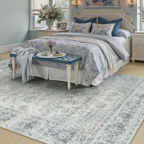 HUGEAR 5x7 Light Blue Retro Floral Washable Area Rug - Image 2
