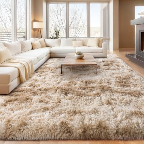 Large Living Room Area Rug 9x12Ft Shaggy Carpet Fuzzy Carpet Tie Dye Camel - Image 5