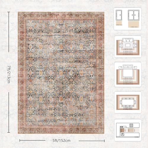 5x7 Area Rugs - Washable Vintage Retro Living Room Rug, Soft Ultra Thin Non - Image 2