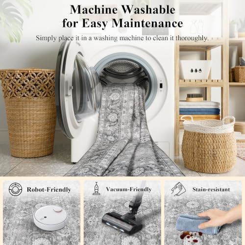 JOOJA 2x6 Grey Vintage Soft Low Pile Non Slip Washable Boho Runner Rug - Image 5