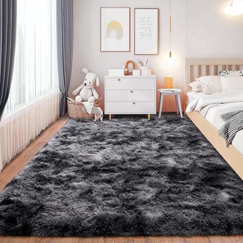 Black Grey Shaggy Rugs, 9x12Ft Large Fluffy Carpets, Indoor Plush Area Rug - Image 5
