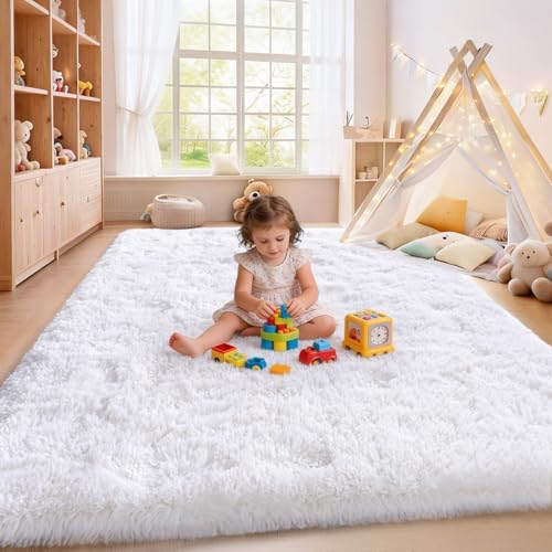 White Living Room Area Rug Shaggy Bedroom Carpet High Pile Fuzzy Rugs 6x9ft - Image 5