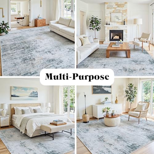 9x12 Washable Area Rug for Living Room Bedroom: Non-Slip Modern Blue Grey - Image 3