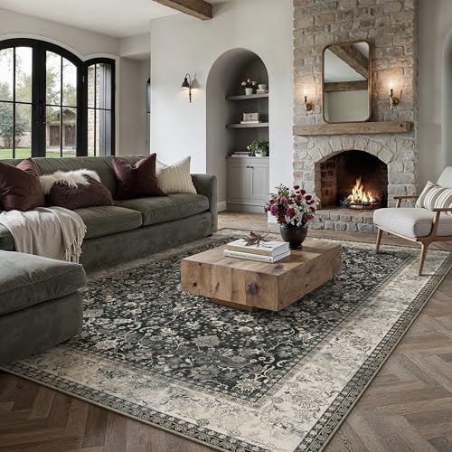 HUGEAR 9x12 Black Beige Vintage Floral Washable Area Rug - Image 3