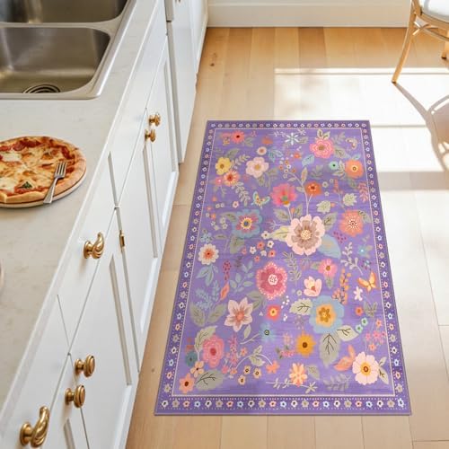 Floral Washable 2x4 Area Rugs Runner Entryway Hallway Purple/Pink - Image 2