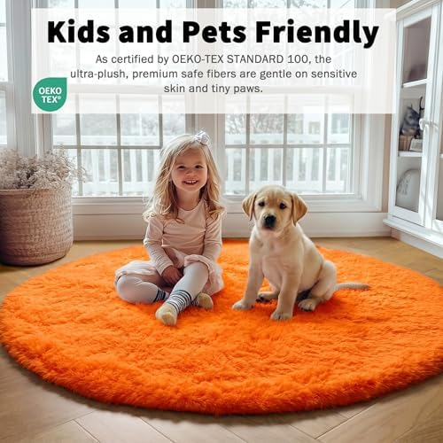 Orange Fluffy Round Rug Circle Area Rugs 4ft - Image 3