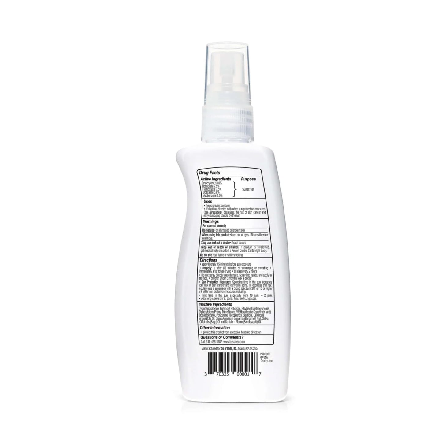 BU SPF 50 Sunscreen Spray for Face and Body, Non Aerosol Spray, TSA Travel Size Sunscreen, Clear, Non Greasy, Water Resistant, White Sage 3.3 oz