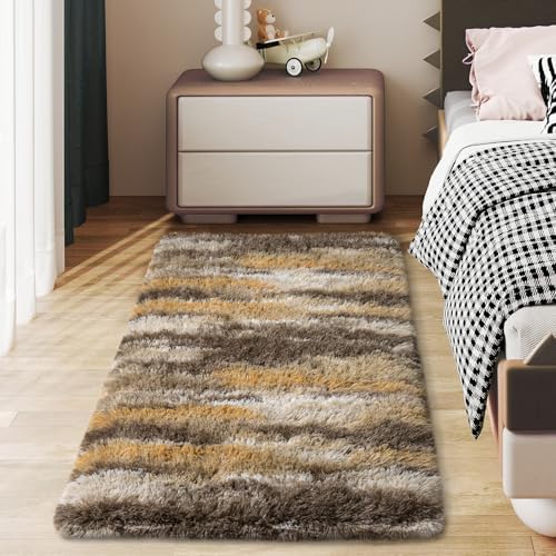 Soft Runner Rugs for Bedroom Hallways, 2x4 Abstract Brown Fluffy Shag Throw by Ailyei