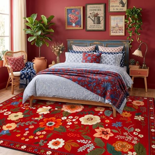 Floral Washable 5x7 Area Rugs Red/Orange - Image 6
