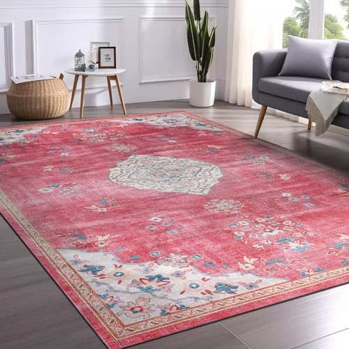 Non Slip Area Rugs 5x7 Boho Medallion Floral Non Skid Rubber Backing Easy Silk - Image 5