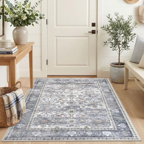 KUTA Vintage Area Rug 4x5 Washable Entryway Rug Grey Blue by KUTA