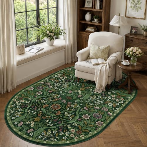 4x6 Oval Washable Rug Green Floral Rug Non-Slip Indoor Carpet by NakedCloud