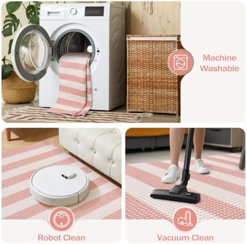 Rugalia Washable Pink Woven 5x7 Area Rug, Natural Striped Cotton Living Room - Image 3