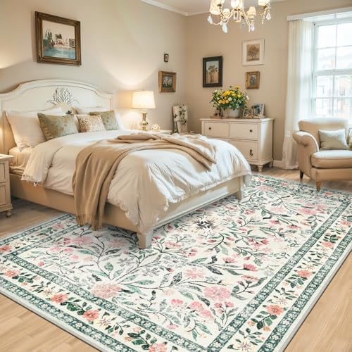 PLHXFR Area Rug 9x12 Living Room: Floral Washable Boho Carpet Green Beige - Image 3
