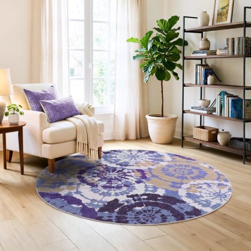 Round Area Rugs 4ft, Washable Non-Slip Modern Boho Low Pile Circle Rug - Image 4