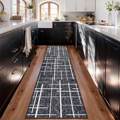 Non Slip Hallway Runner Rug 2x8, Modern Distressed Stripe, Washable Long Rug by TTelephant
