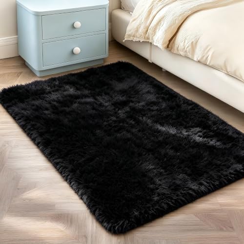 2x3 Black Fluffy Area Rug for Bedroom and Bedside, Washable Soft Shag Carpet - Image 3