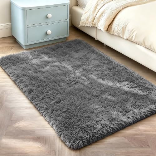 2x3 Dark Grey Fluffy Area Rug for Bedroom and Bedside, Washable Soft Shag Carpet - Image 3