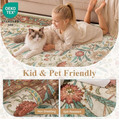DUKINO 9x12 Area Rug for Living Room, Vintage Floral Washable Rug - Image 4