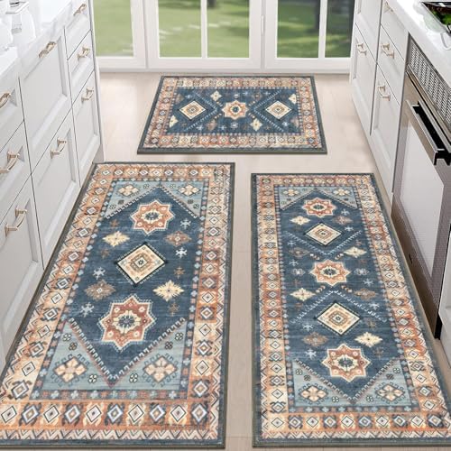 HEBE Boho Kitchen Rugs Set of 3, Non Slip Washable Kitchen Mats by HEBE