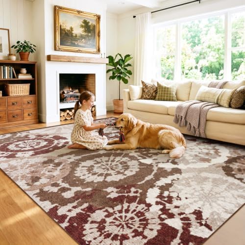 Large Boho Modern 8x10 Area Rug, Terracotta & Beige Low-Pile Washable Rug - Image 2