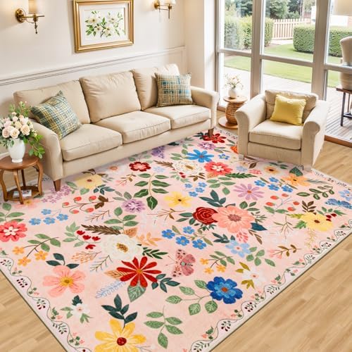 PLHXFR Area Rug Living Room: 4x6 Floral Washable Boho Soft Carpet Beige - Image 2
