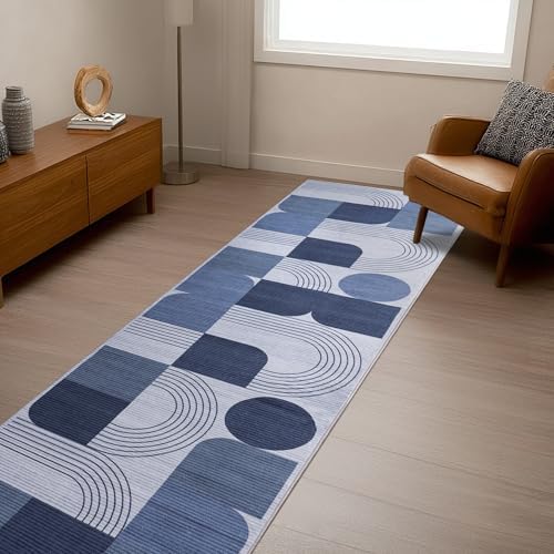 Soft Modern Geometric Abstract Machine Washable 2.7x10 Runner Rug - Image 4