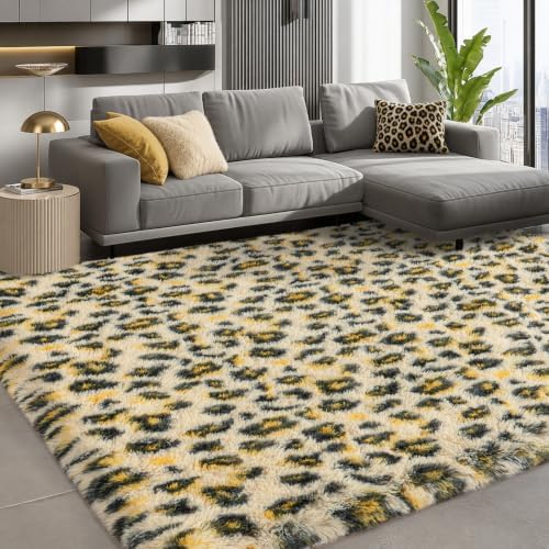 5x7 Shag Rugs for Living Room, Washable Khaki Leopard - Image 4