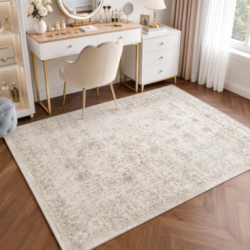 FMFUNCTEX 4x6 Washable Beige Neutral Vintage Retro Area Rug - Image 3