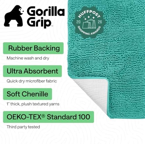 GORILLA GRIP Bath Rug Mat for Bathroom, Absorbent Chenille, 24x17 Turquoise - Image 2