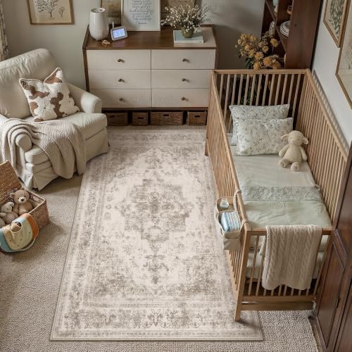 4x6 Washable Area Rug Taupe Vintage Distressed Netural Carpet - Image 2