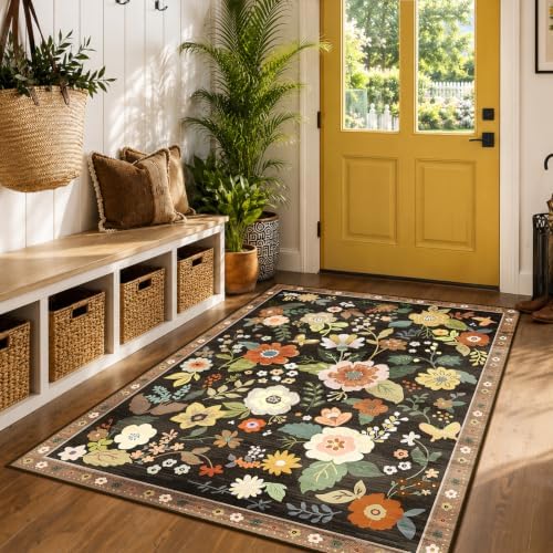 RELEANY Floral Washable 3x5 Area Rugs Black/Yellow - Image 2