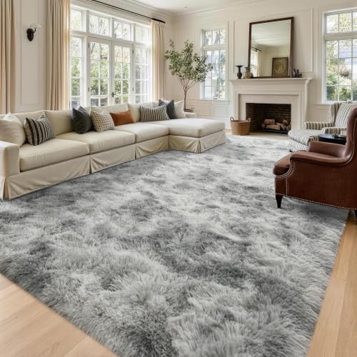 8x10 Extra Large Tie-Dyed Grey Fluffy Area Rug Non-Slip - Image 2