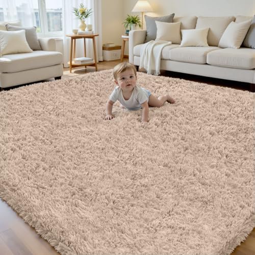 6x9 Beige Fluffy Fuzzy Shag Area Rug by Yidanamy